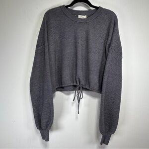 Elan Charcoal Gray Cropped Knit Sweater Drawstring Hem Balloon Sleeve S